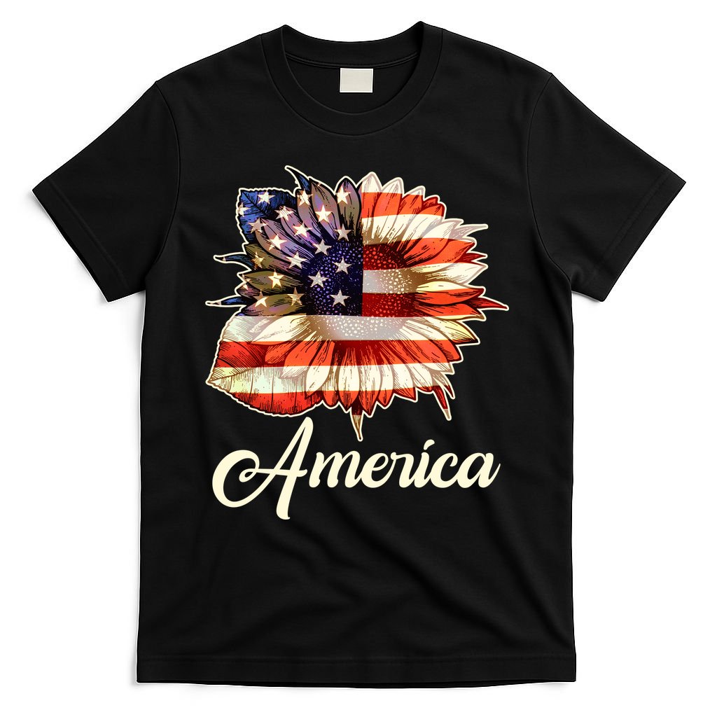 American Flag Sunflower USA T-Shirt