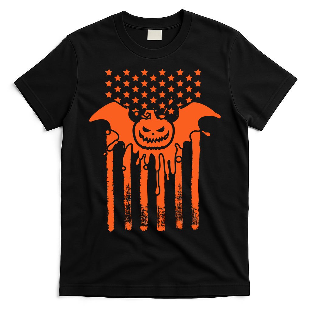 American Halloween Pumpkin Bat USA Flag T-Shirt