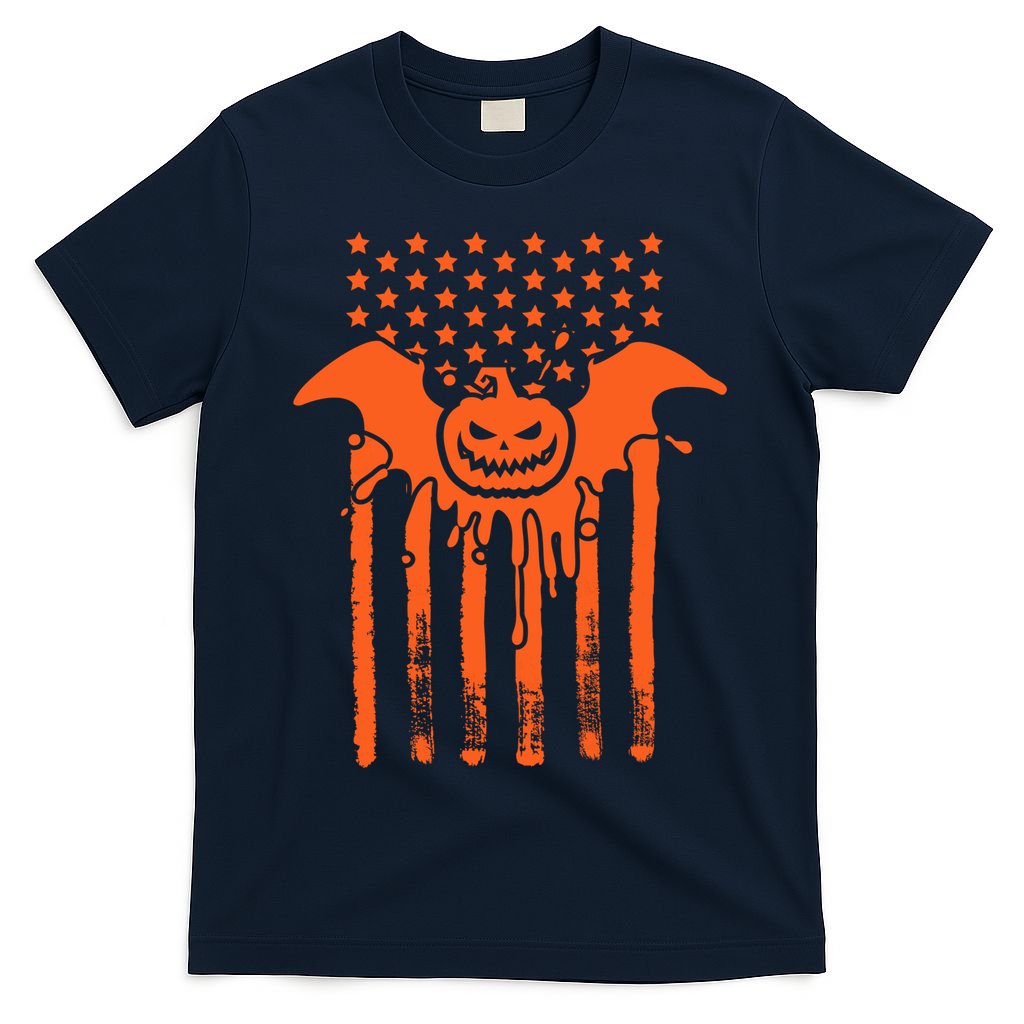 American Halloween Pumpkin Bat USA Flag T-Shirt