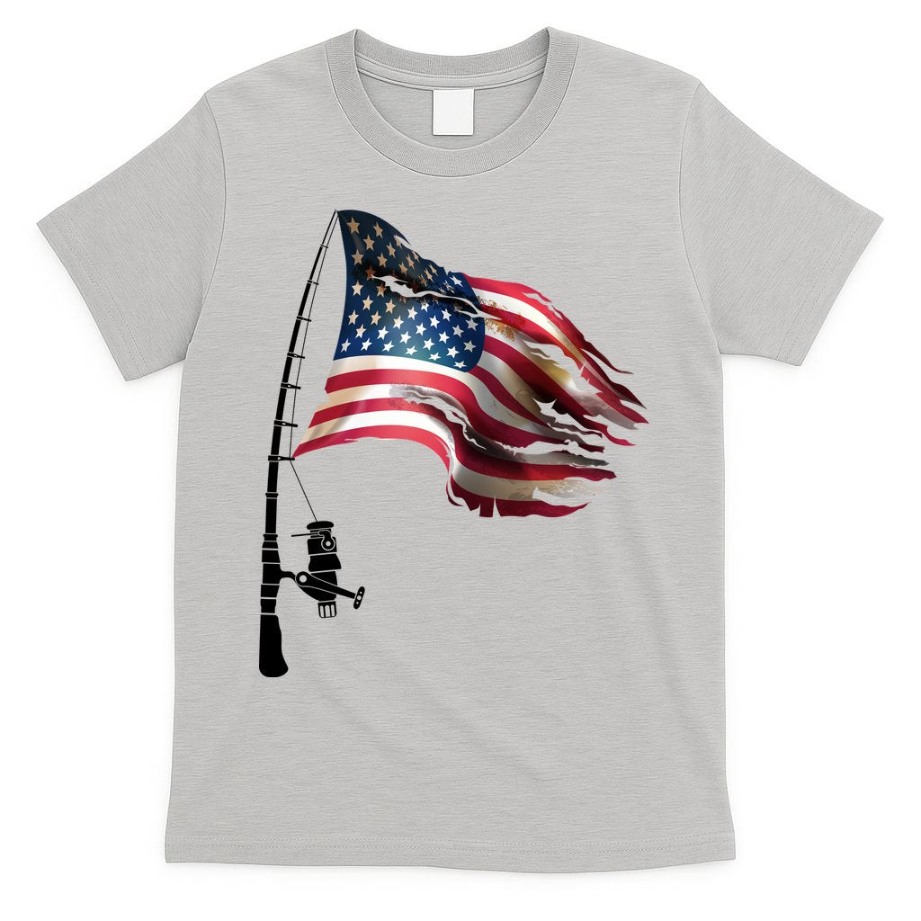 American USA Flag Fishing Pole T-Shirt