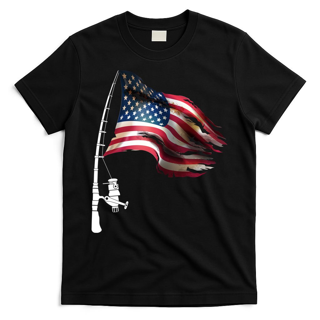 American USA Flag Fishing Pole T-Shirt