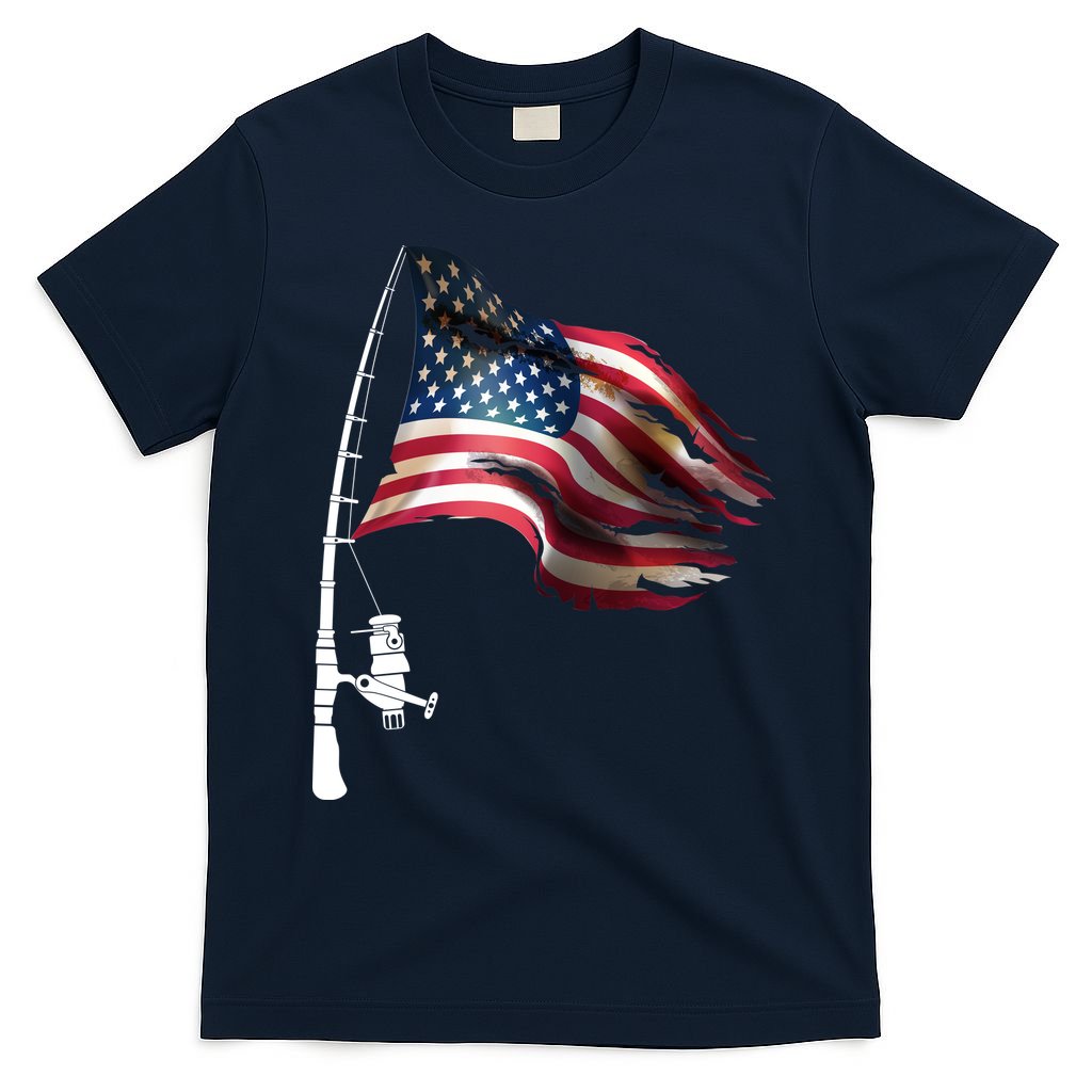 American USA Flag Fishing Pole T-Shirt