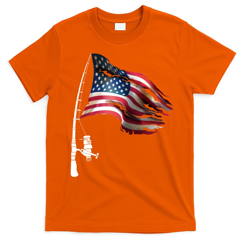 American USA Flag Fishing Pole T-Shirt