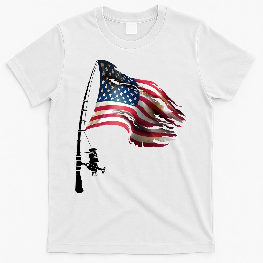 American USA Flag Fishing Pole T-Shirt