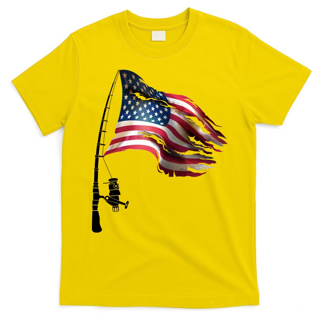 American USA Flag Fishing Pole T-Shirt