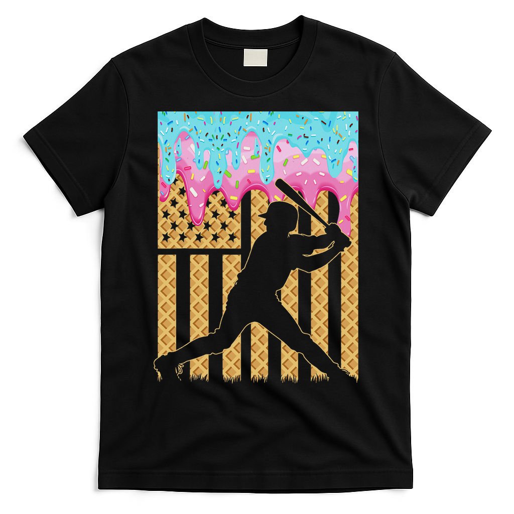 Baseball Drip Bat Boy Dripping Ice Cream American Flag T-Shirt
