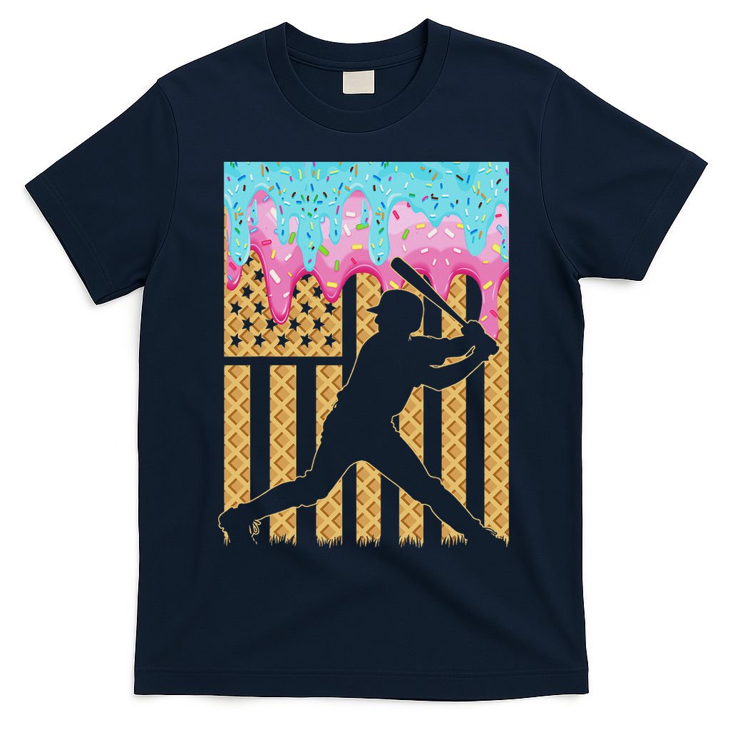 Baseball Drip Bat Boy Dripping Ice Cream American Flag T-Shirt