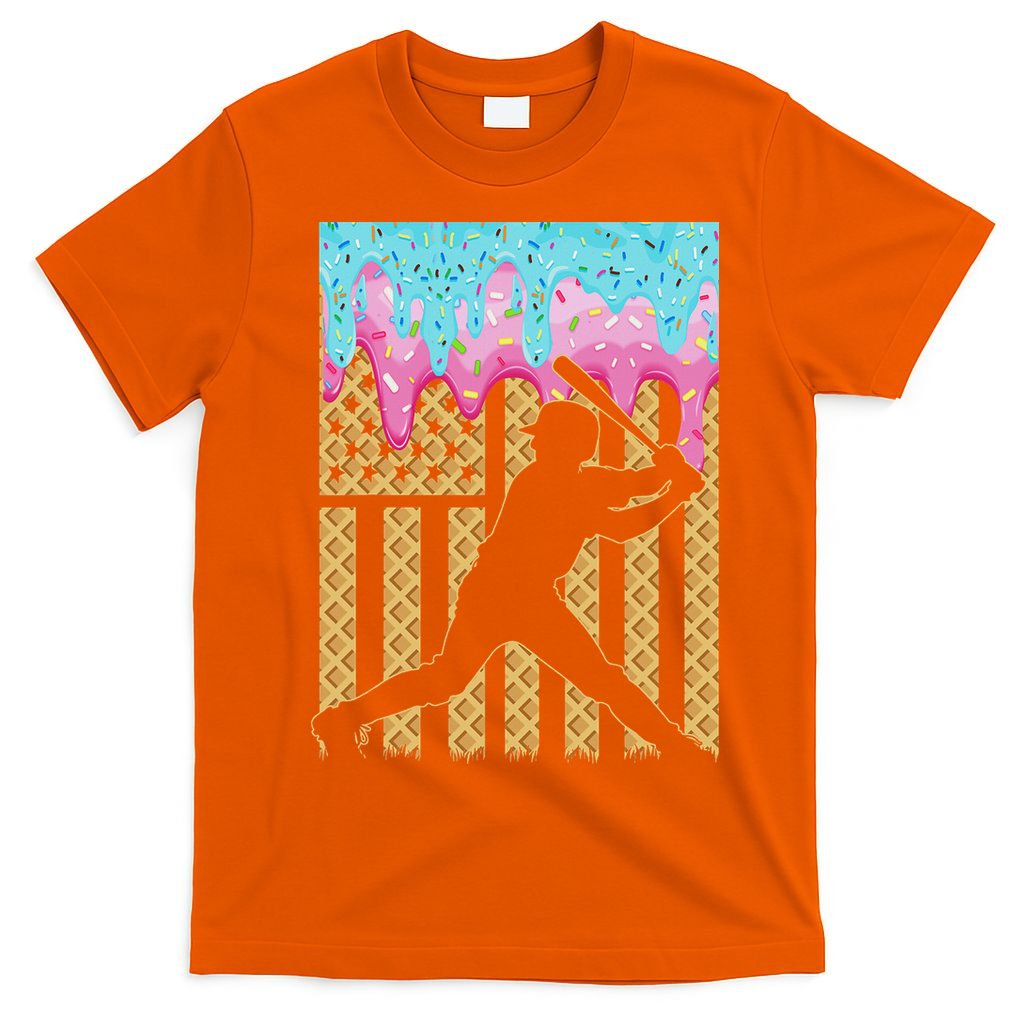 Baseball Drip Bat Boy Dripping Ice Cream American Flag T-Shirt