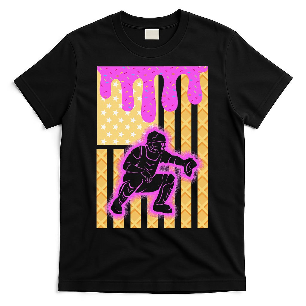 Baseball Drip Dripping Ice Cream Baseball American Flag T-Shirt