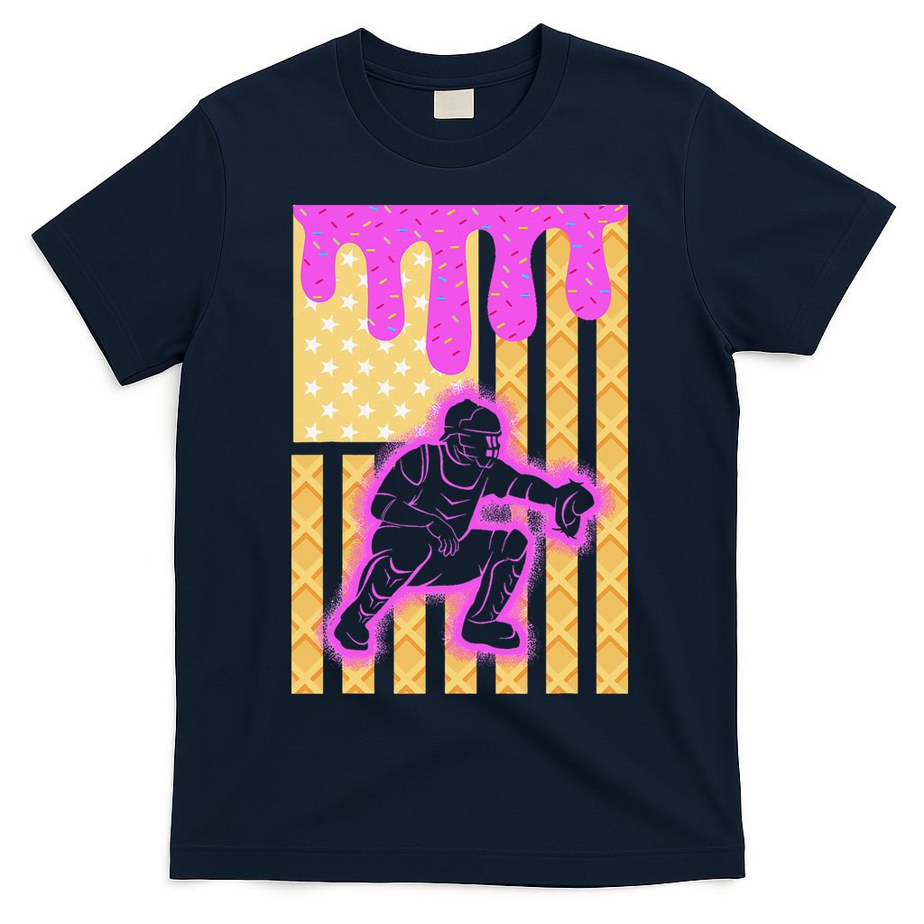 Baseball Drip Dripping Ice Cream Baseball American Flag T-Shirt