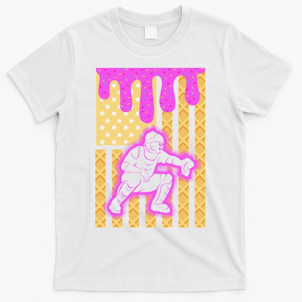 Baseball Drip Dripping Ice Cream Baseball American Flag T-Shirt