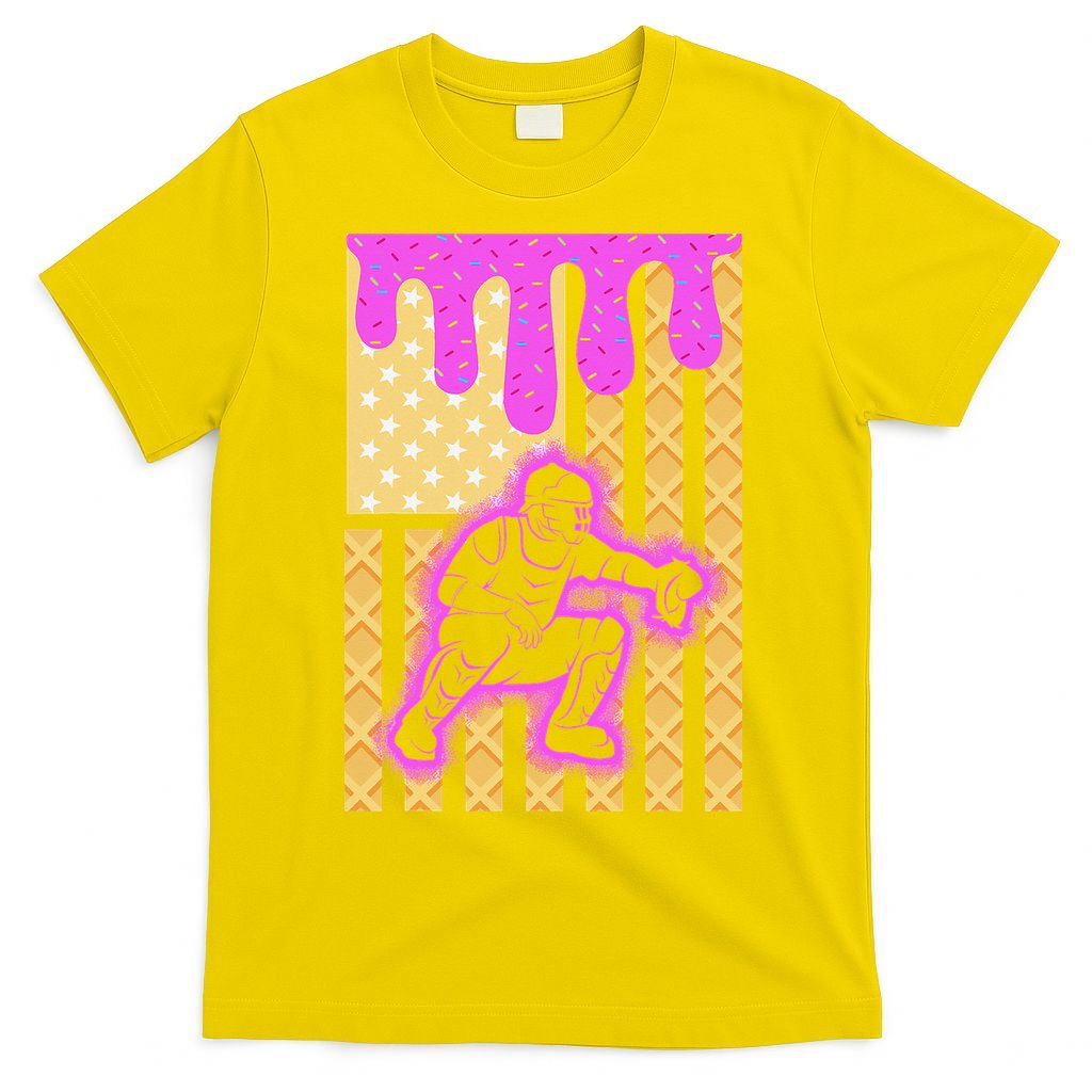 Baseball Drip Dripping Ice Cream Baseball American Flag T-Shirt