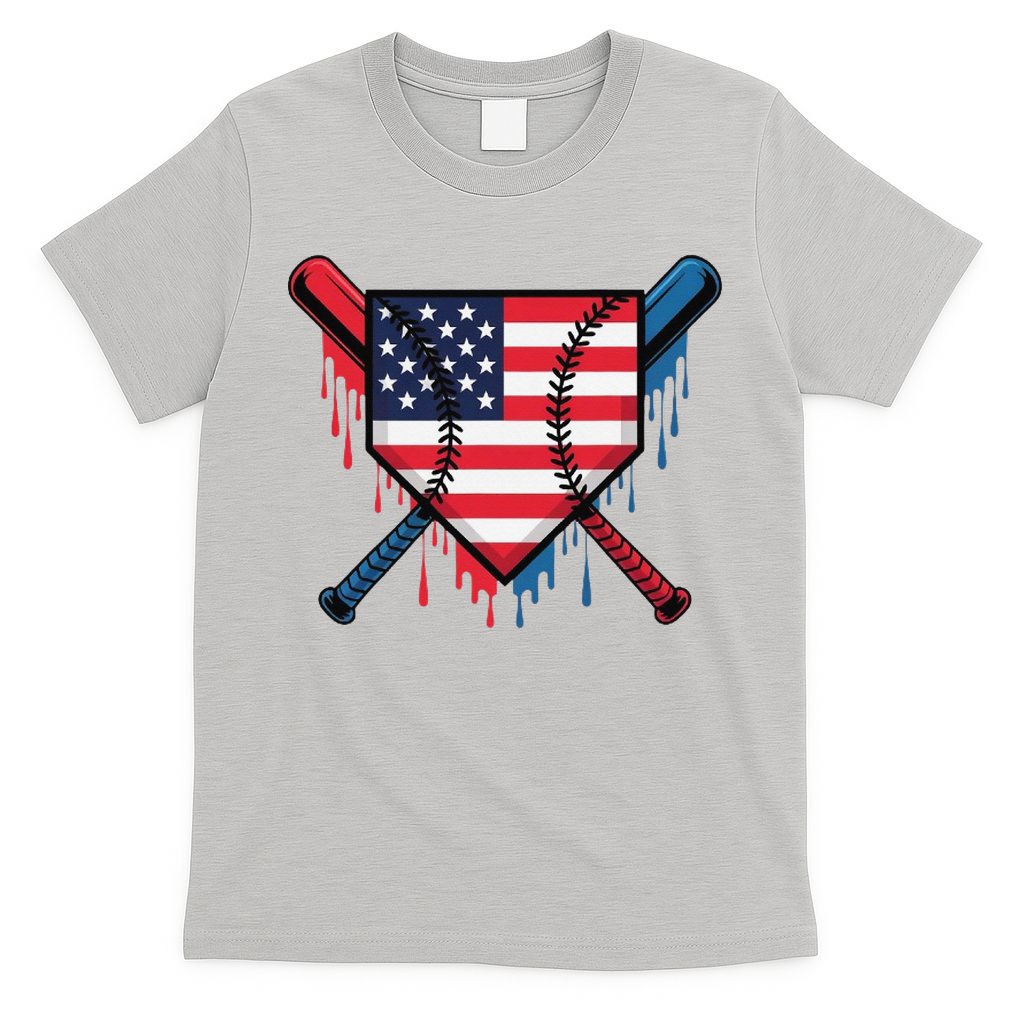 Baseball Drip Ice Cream Patriotic American Flag Funny T-Shirt