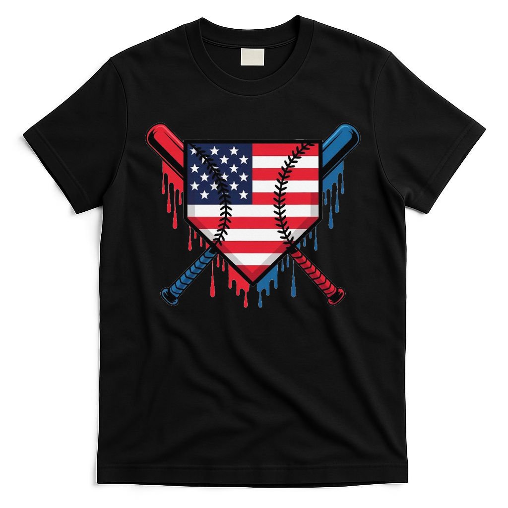Baseball Drip Ice Cream Patriotic American Flag Funny T-Shirt