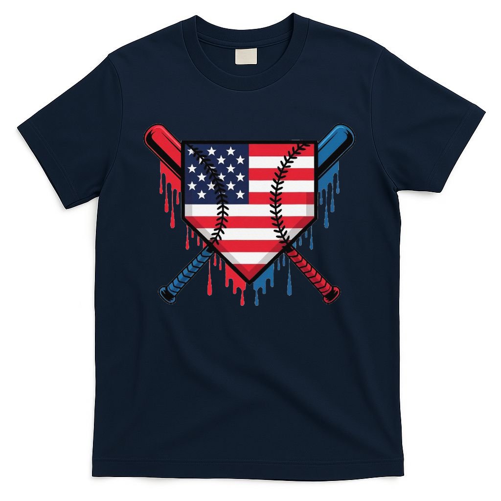 Baseball Drip Ice Cream Patriotic American Flag Funny T-Shirt