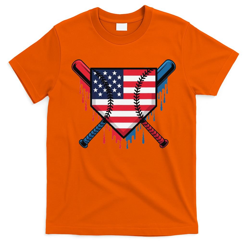 Baseball Drip Ice Cream Patriotic American Flag Funny T-Shirt