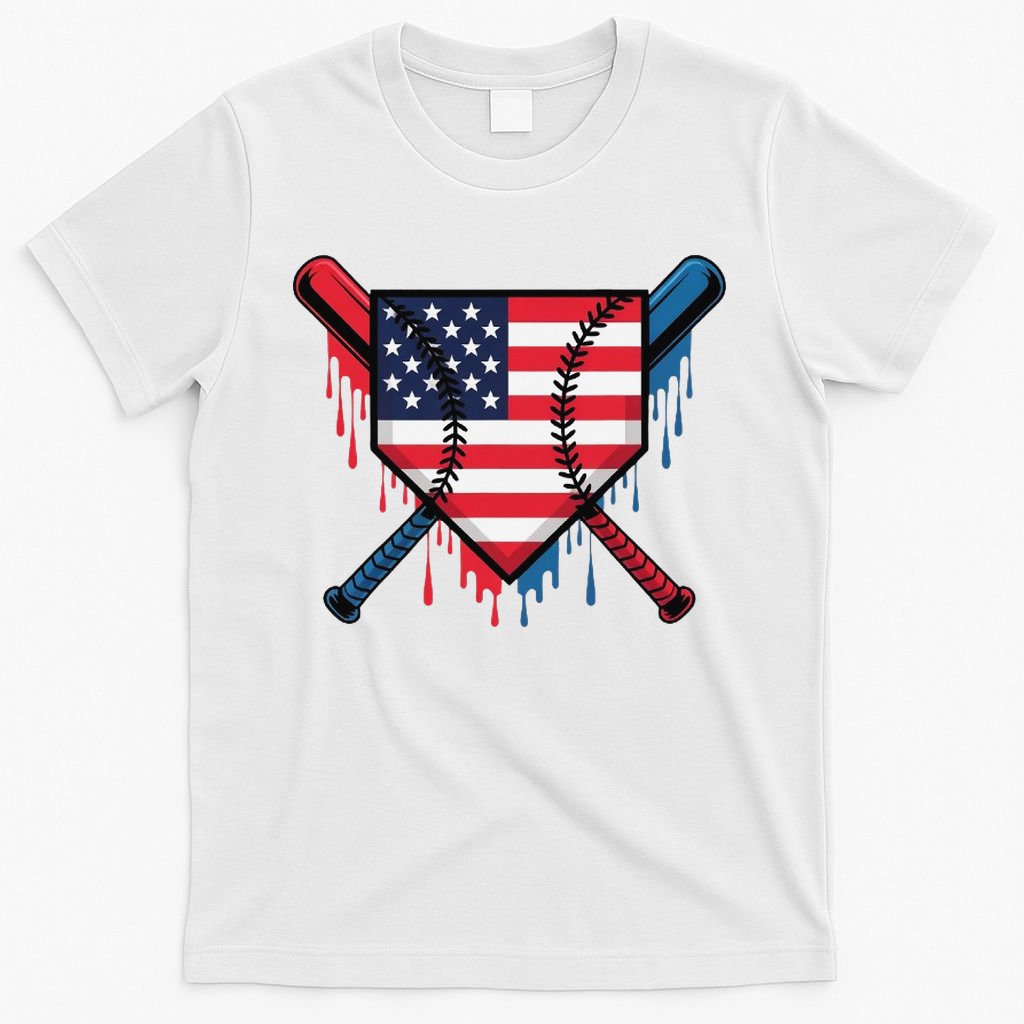 Baseball Drip Ice Cream Patriotic American Flag Funny T-Shirt