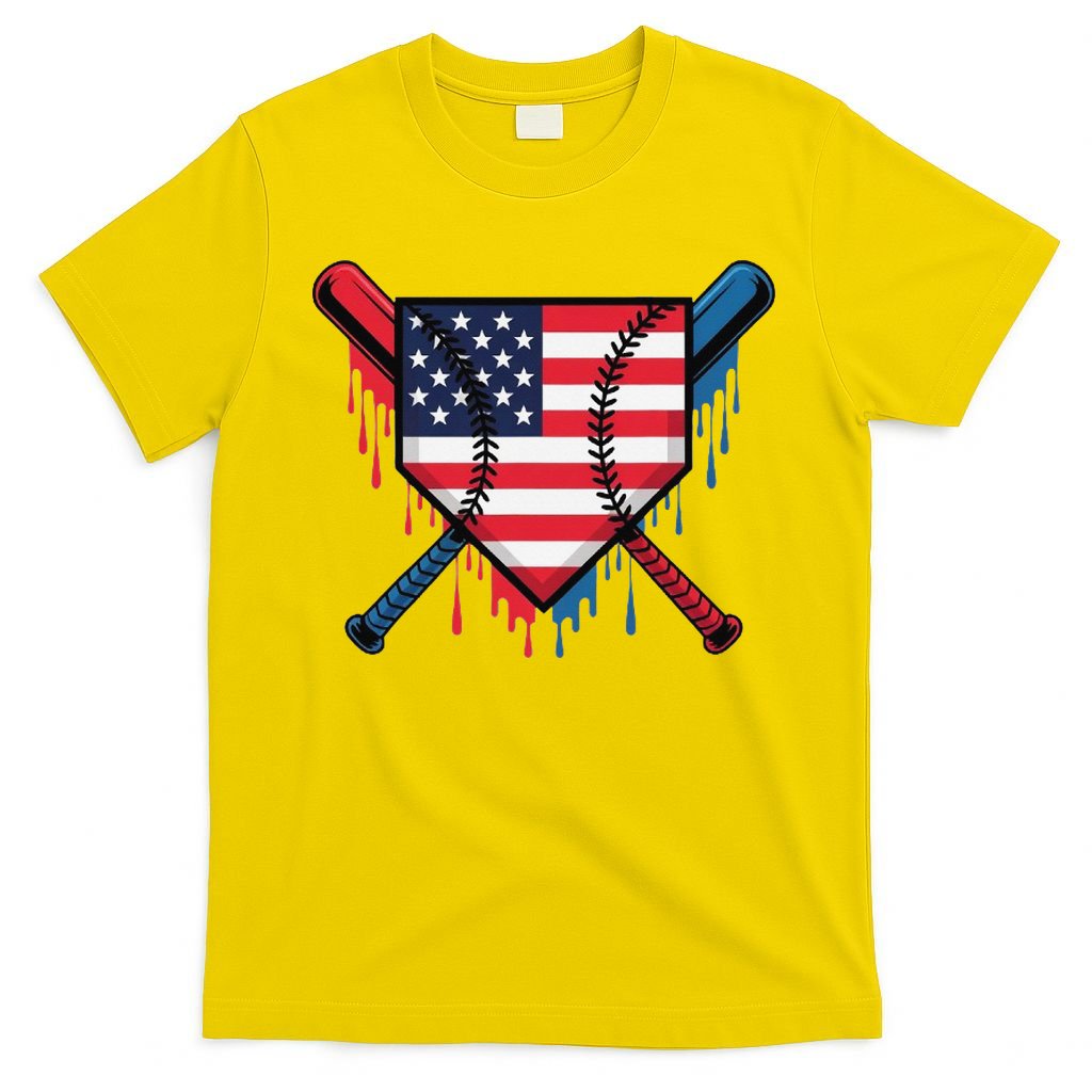 Baseball Drip Ice Cream Patriotic American Flag Funny T-Shirt