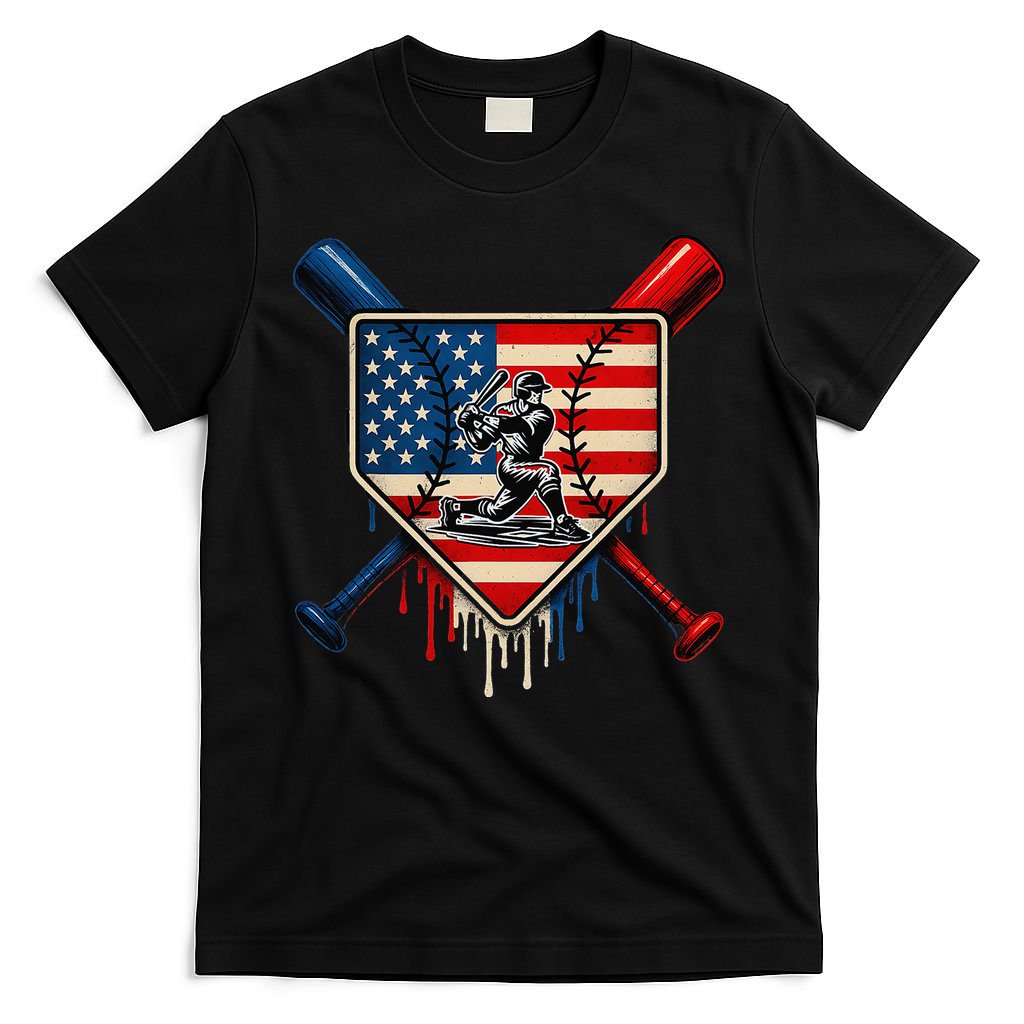 Baseball Drip Ice Cream Patriotic American Flag T-Shirt