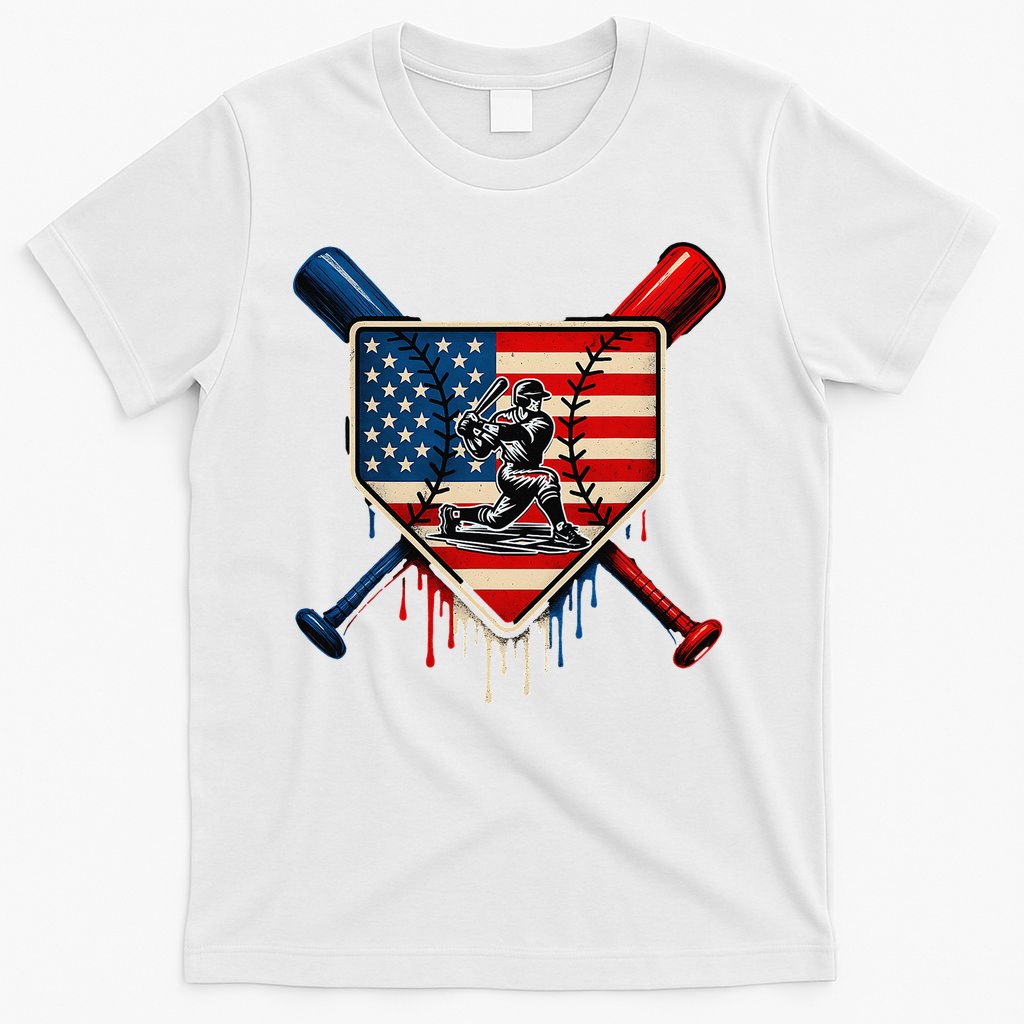 Baseball Drip Ice Cream Patriotic American Flag T-Shirt