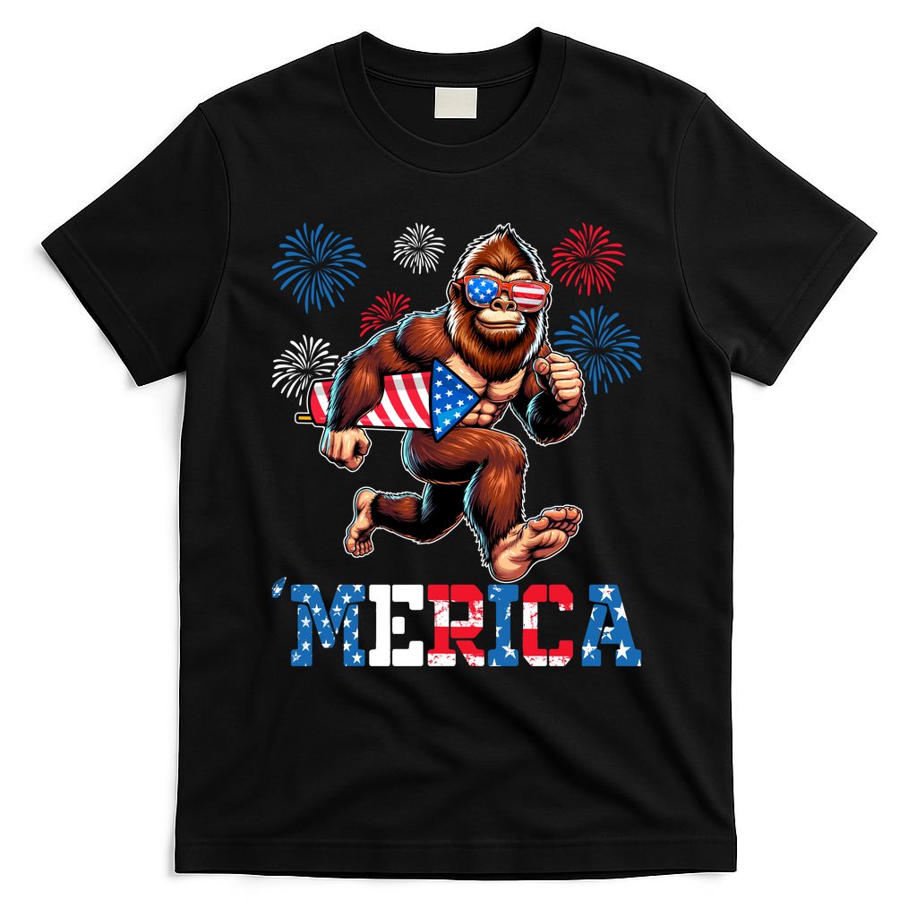 Bigfoot Fireworks 4th Of July Men Sasquatch American Flag T-Shirt