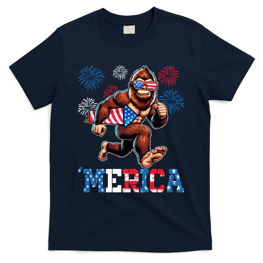 Bigfoot Fireworks 4th Of July Men Sasquatch American Flag T-Shirt