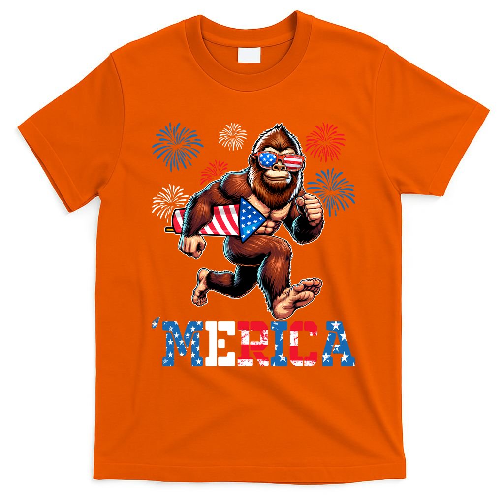 Bigfoot Fireworks 4th Of July Men Sasquatch American Flag T-Shirt