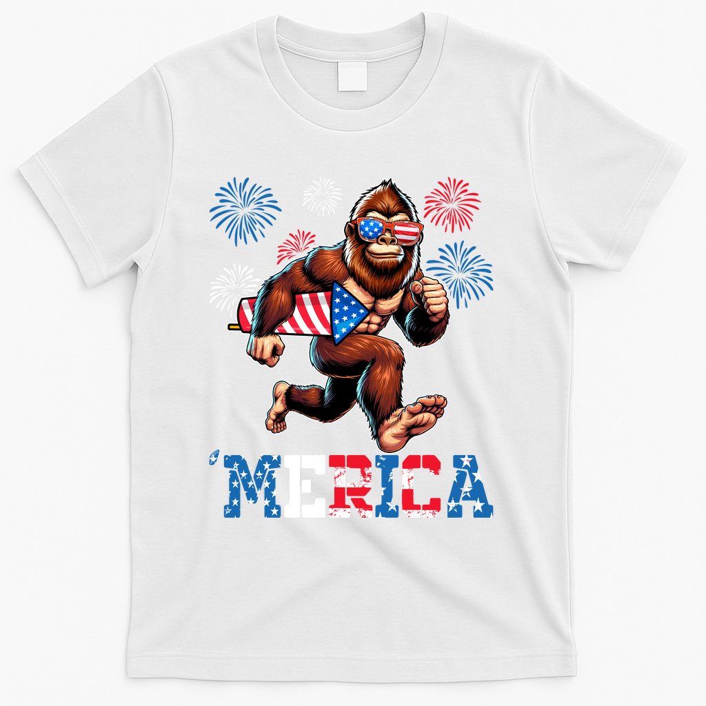 Bigfoot Fireworks 4th Of July Men Sasquatch American Flag T-Shirt