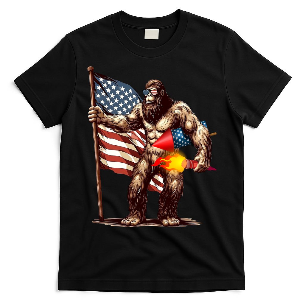 Bigfoot Fireworks 4th Of July Sasquatch American US Flag T-Shirt