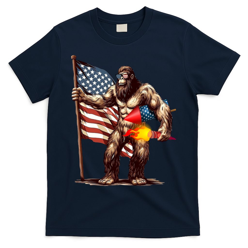 Bigfoot Fireworks 4th Of July Sasquatch American US Flag T-Shirt