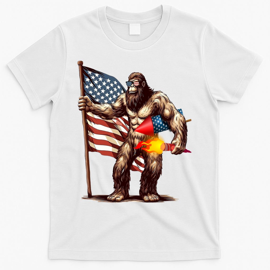 Bigfoot Fireworks 4th Of July Sasquatch American US Flag T-Shirt