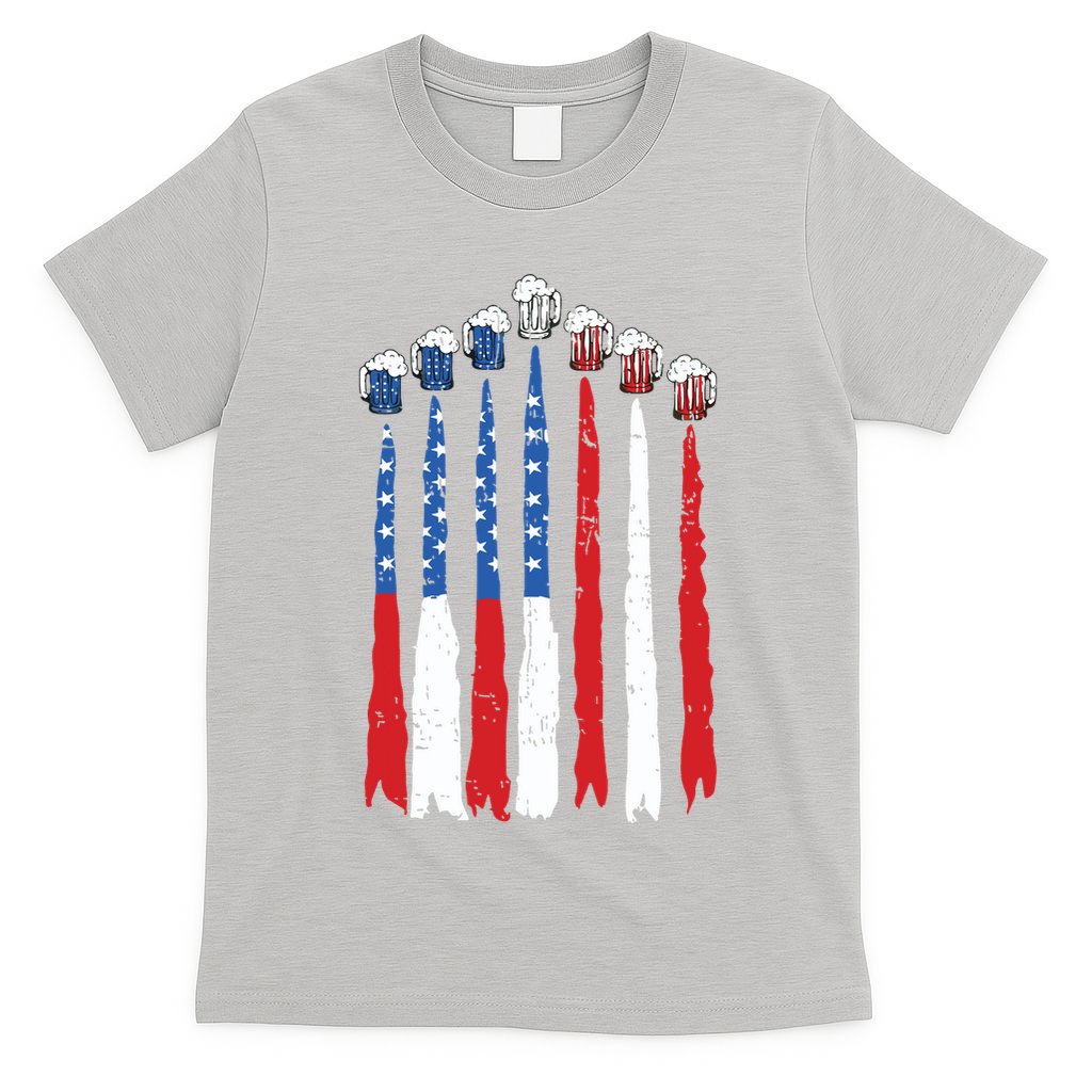 Beer Fighter Jet American Flag Usa 4th Of July Drinking Beer T-Shirt