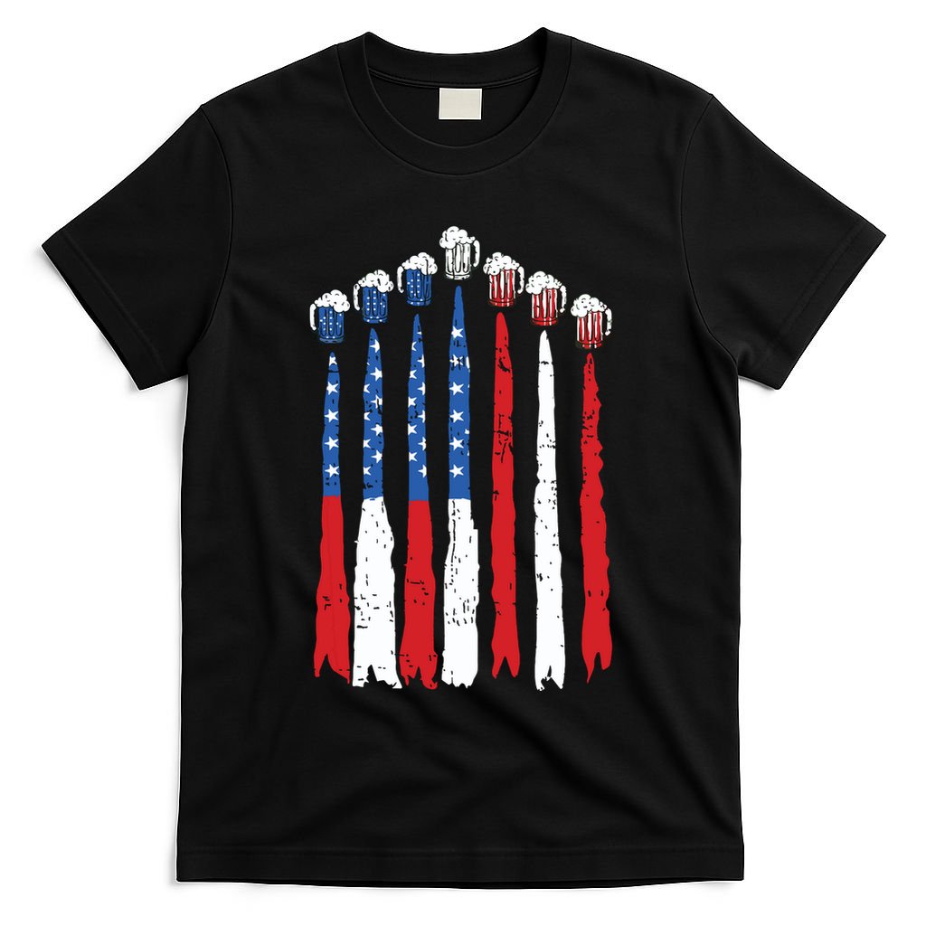 Beer Fighter Jet American Flag Usa 4th Of July Drinking Beer T-Shirt
