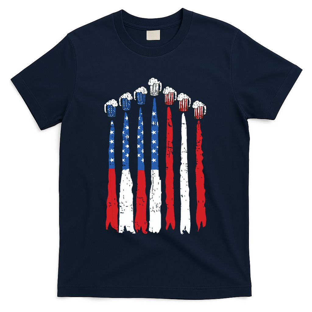 Beer Fighter Jet American Flag Usa 4th Of July Drinking Beer T-Shirt