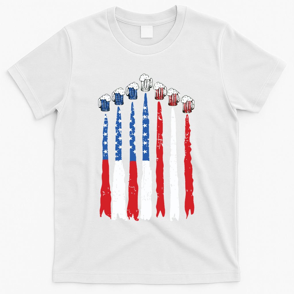 Beer Fighter Jet American Flag Usa 4th Of July Drinking Beer T-Shirt