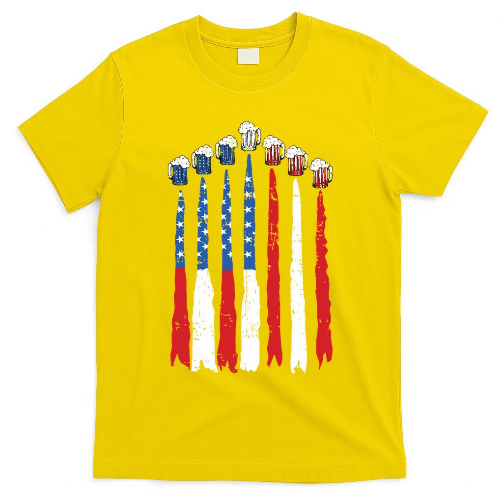 Beer Fighter Jet American Flag Usa 4th Of July Drinking Beer T-Shirt