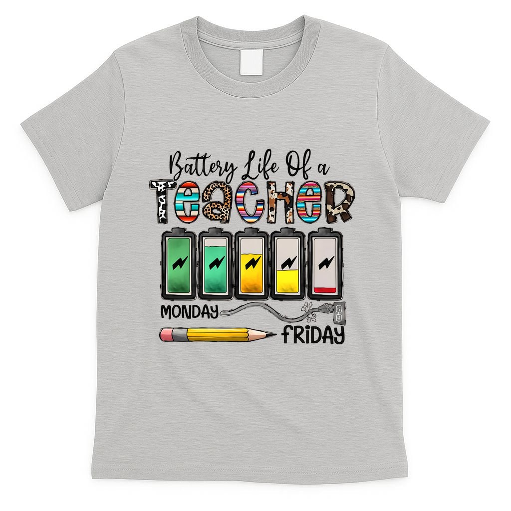 Battery Life Of A Teacher Monday To Friday Funny Teacher Life Back To School T-Shirt