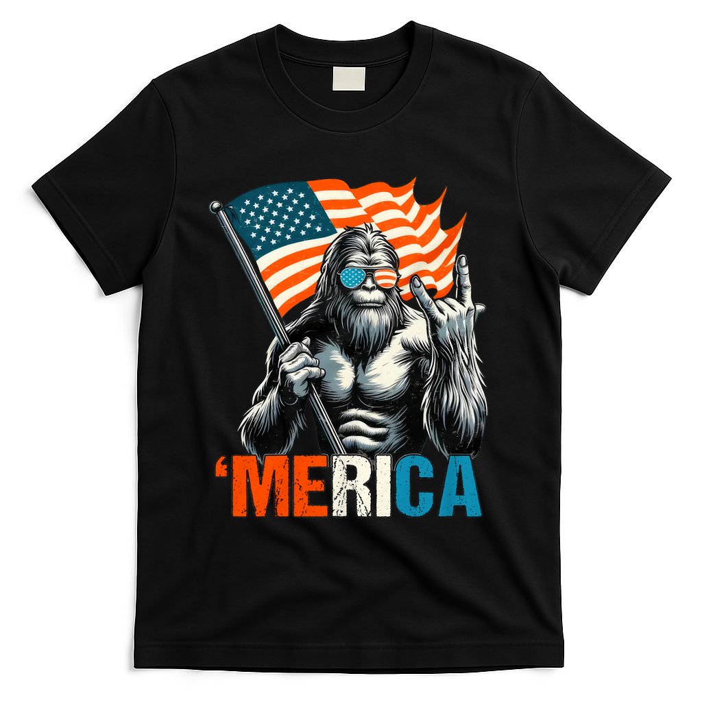 Bigfoot Merica Rock American Flag Patriotic 4th Of July T-Shirt