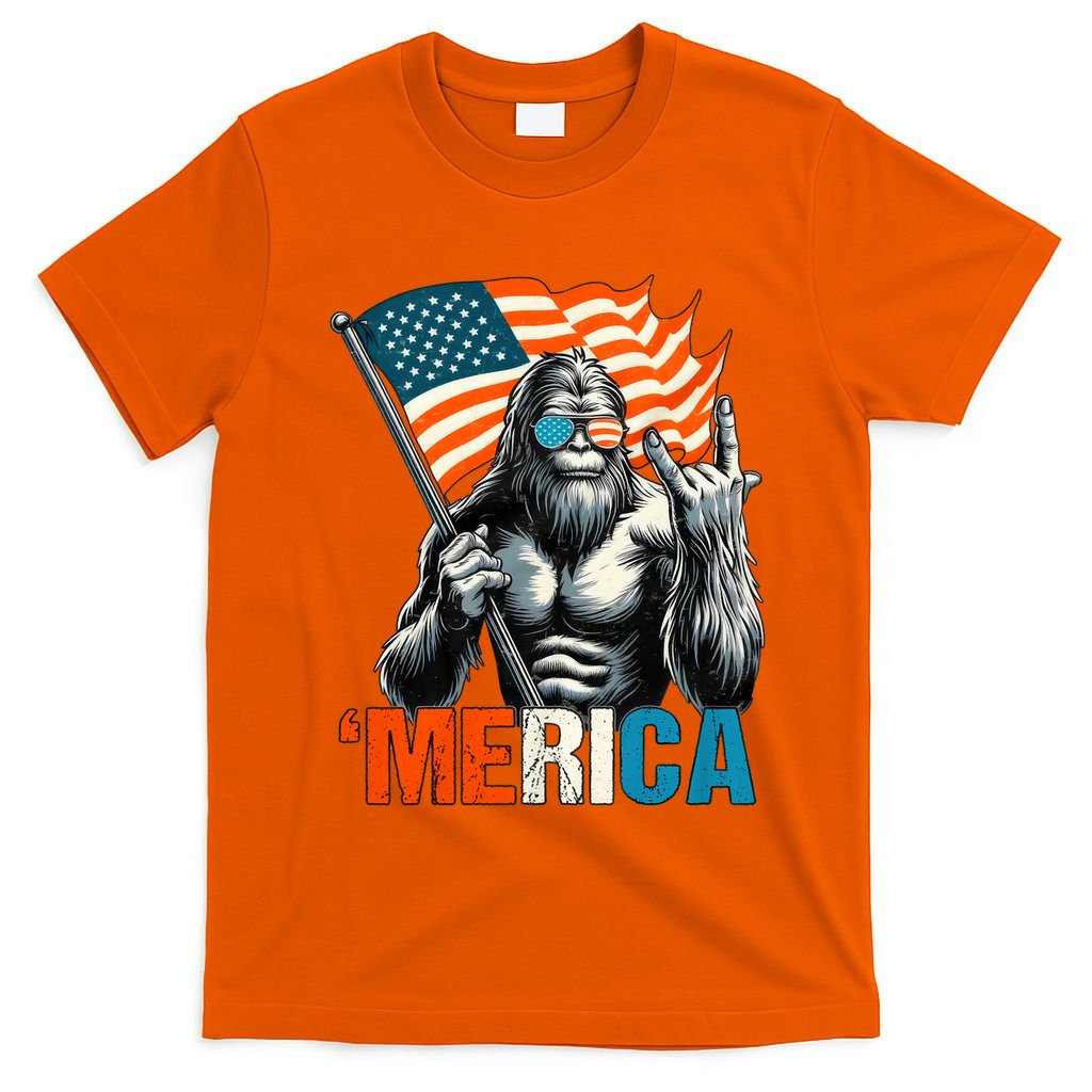 Bigfoot Merica Rock American Flag Patriotic 4th Of July T-Shirt