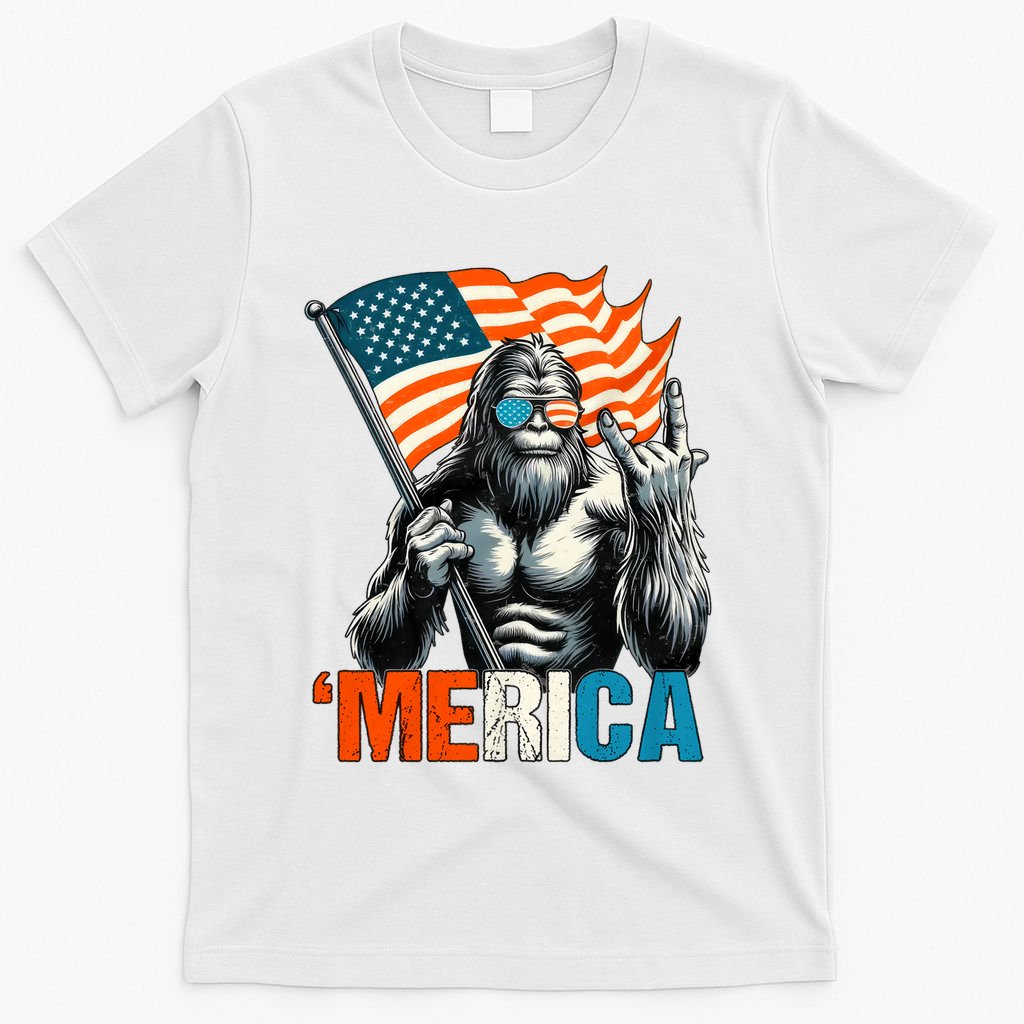Bigfoot Merica Rock American Flag Patriotic 4th Of July T-Shirt