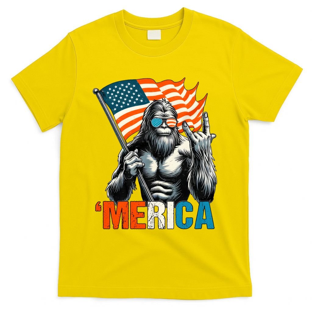 Bigfoot Merica Rock American Flag Patriotic 4th Of July T-Shirt