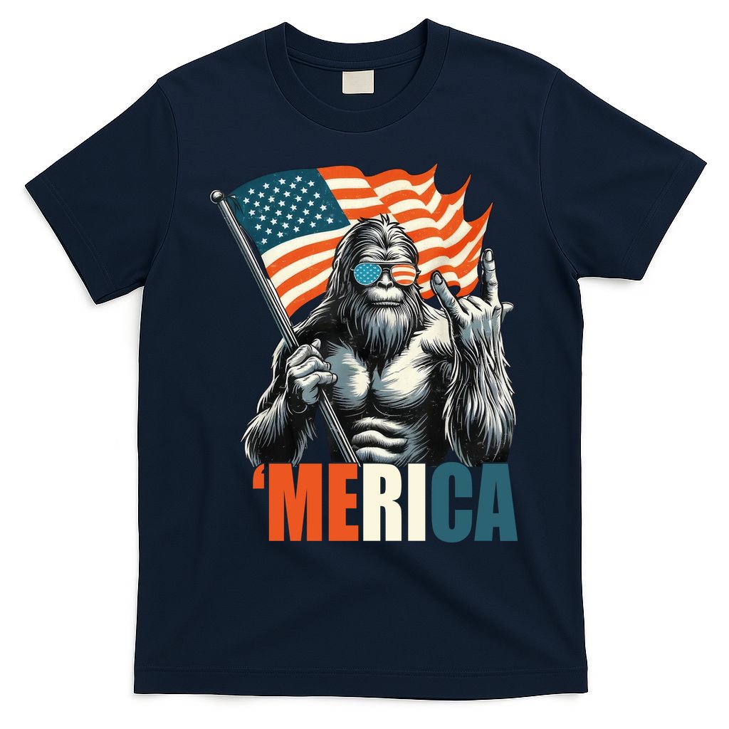 Bigfoot Merica Rock American Flag Patriotic 4th Of July T-Shirt