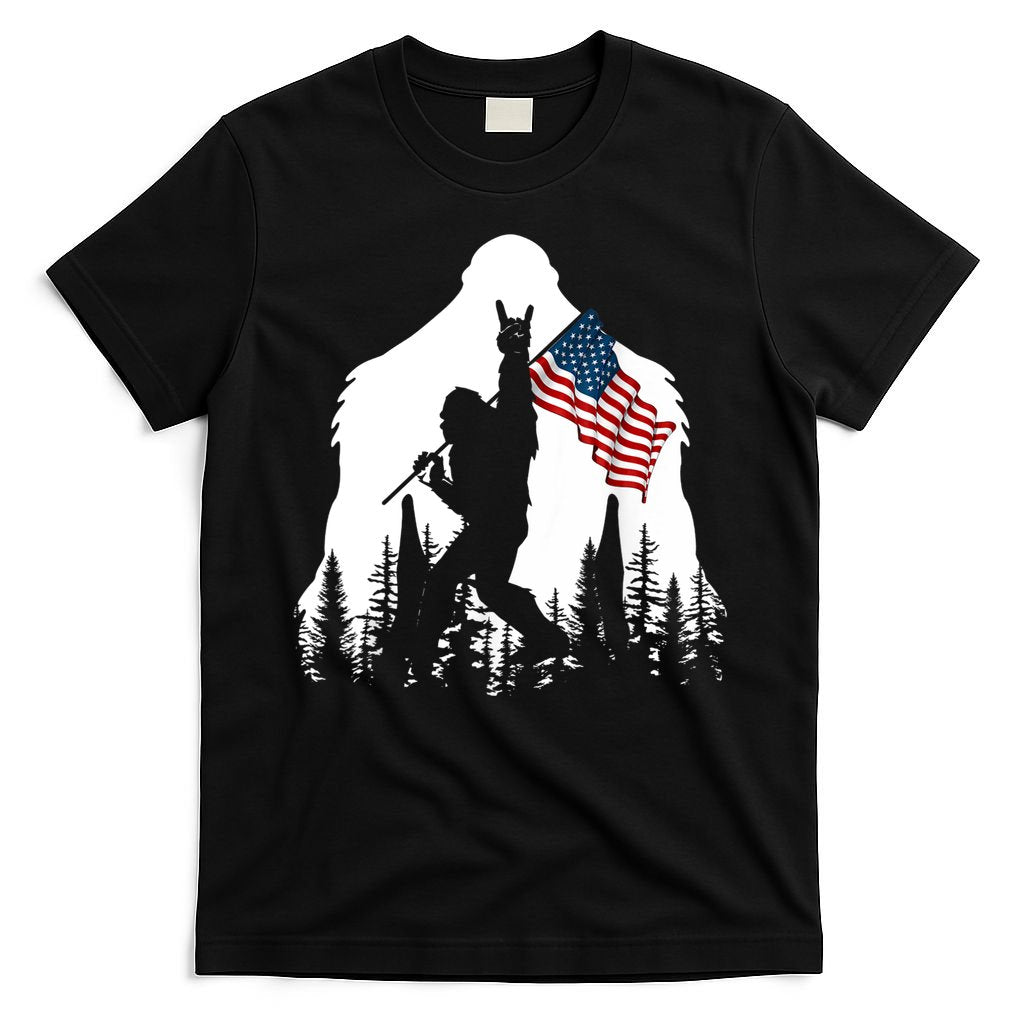 Bigfoot Rock On Hold American Flag Sasquatch Believers T-Shirt