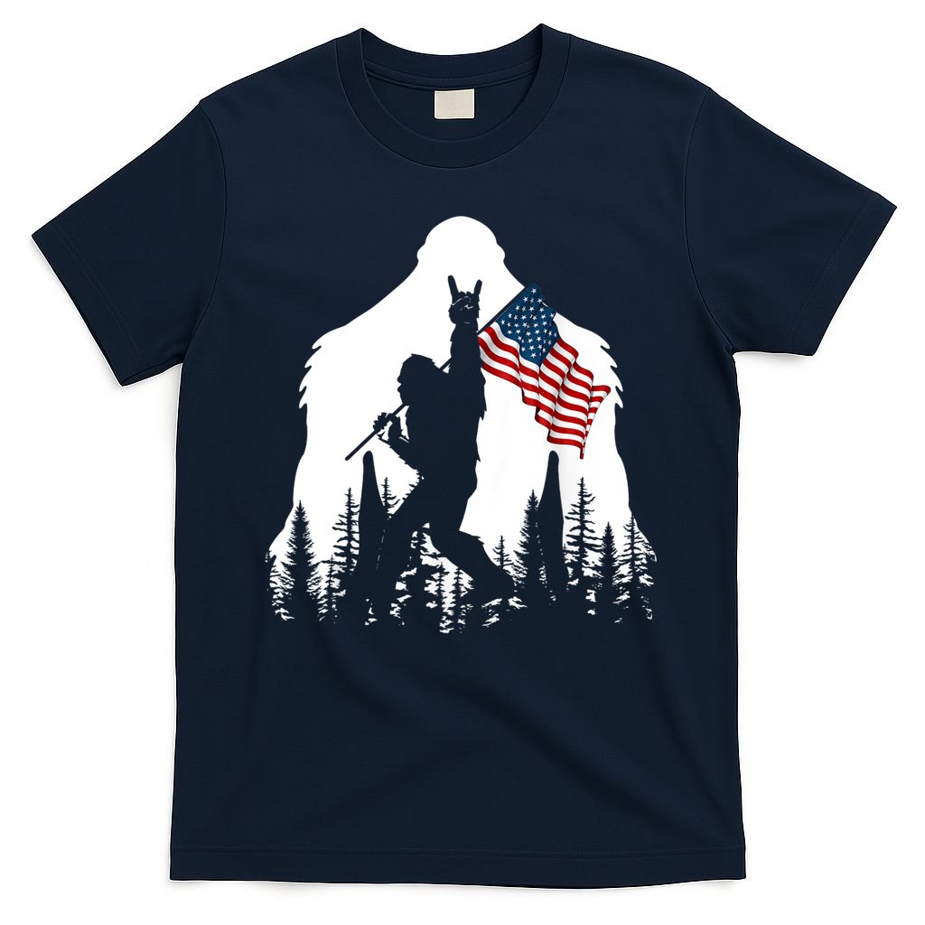 Bigfoot Rock On Hold American Flag Sasquatch Believers T-Shirt