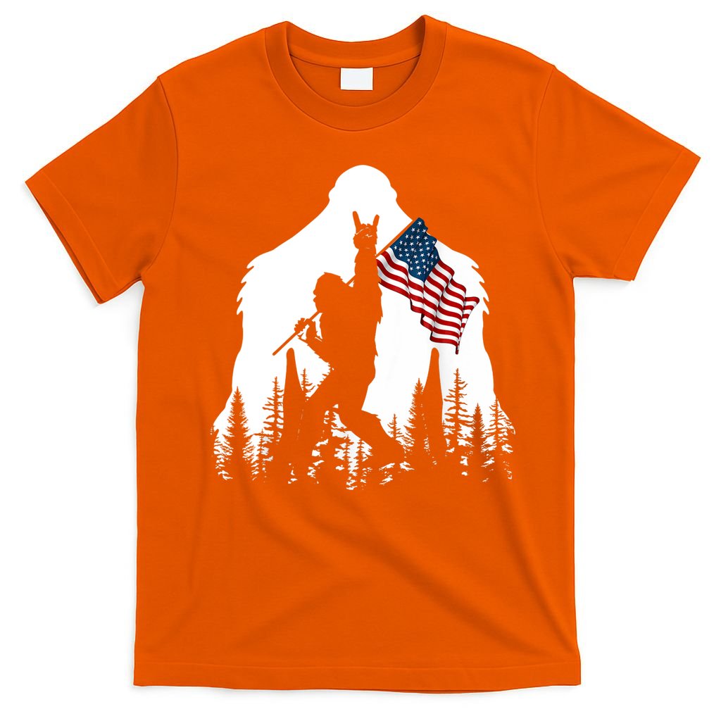 Bigfoot Rock On Hold American Flag Sasquatch Believers T-Shirt