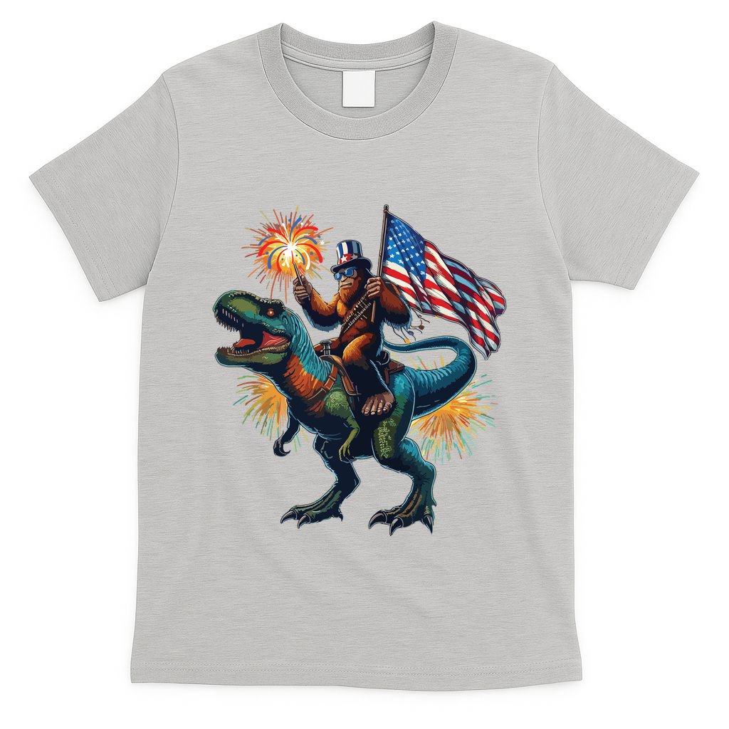Bigfoot Sasquatch Riding Dinosaur T Rex Funny 4th Of July T-Shirt
