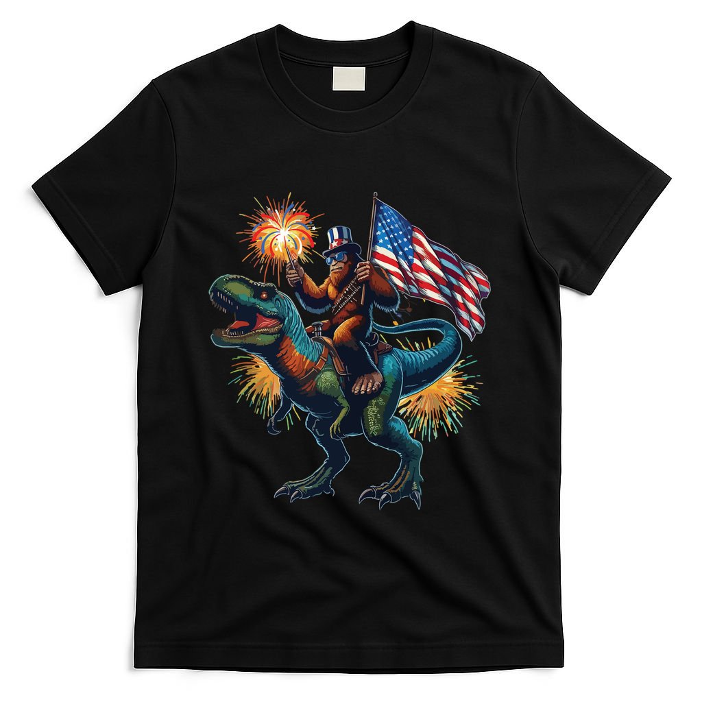 Bigfoot Sasquatch Riding Dinosaur T Rex Funny 4th Of July T-Shirt