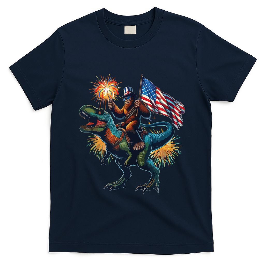 Bigfoot Sasquatch Riding Dinosaur T Rex Funny 4th Of July T-Shirt