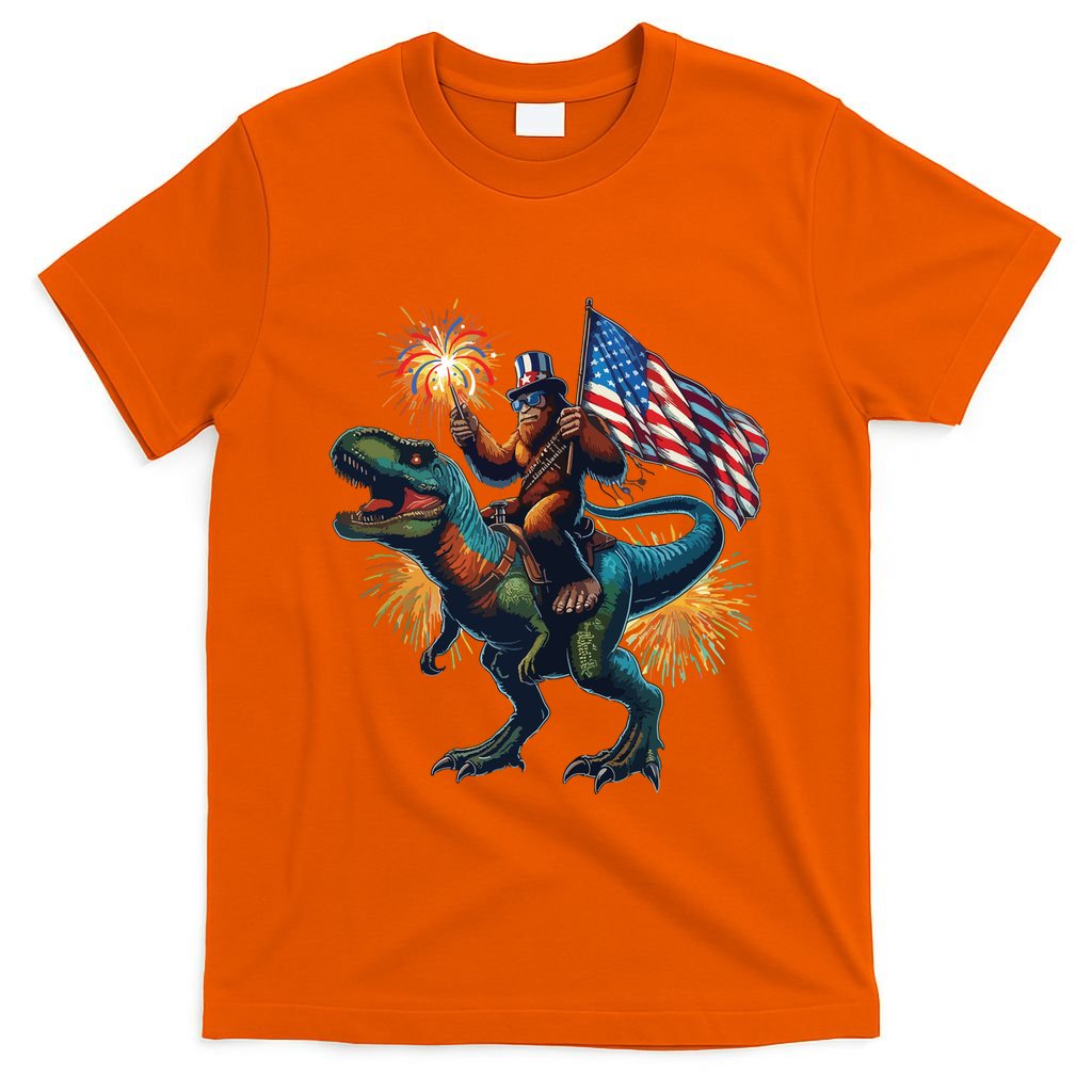 Bigfoot Sasquatch Riding Dinosaur T Rex Funny 4th Of July T-Shirt