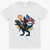 Bigfoot Sasquatch Riding Dinosaur T Rex Funny 4th Of July T-Shirt